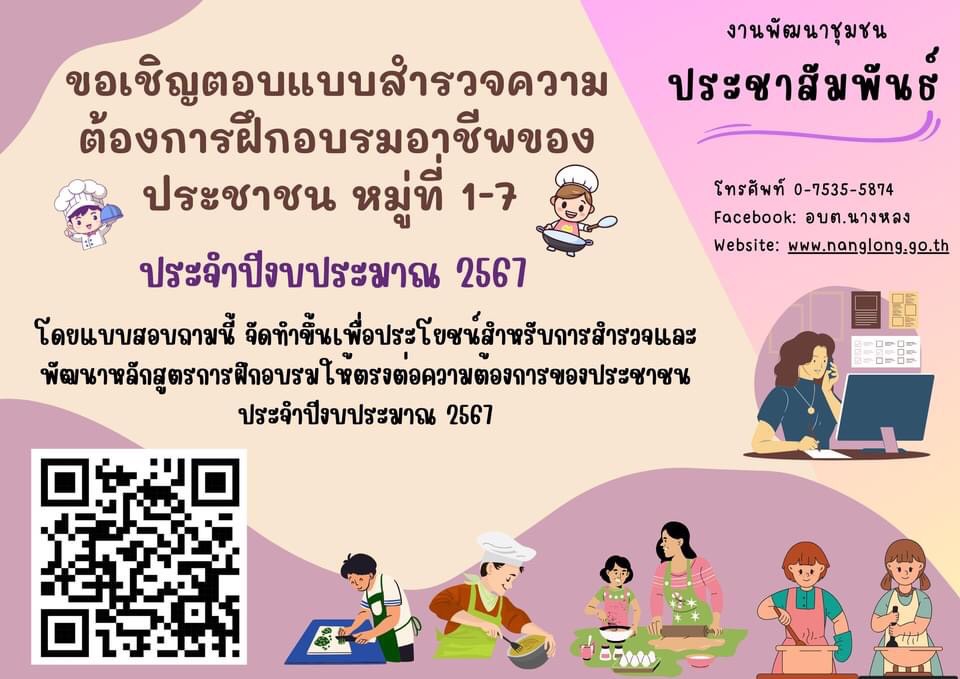 ประชาสัมพันธ์ ข้อมูลข่าวสาร งานพัฒนาชุมชน องค์การบริหารส่วนตำบลนางหลง ขอเชิญตอบแบบสำรวจความต้องการฝึกอบรมอาชีพของประชาชน หมู่ที่ 1-7 ประจำปีงบประมาณ 2567 https://docs.google.com/forms/d/e/1FAIpQLSf97KduCbU2Br5EPwTQz1VTfxnbWAl_IlX1jpHNAlPL6xTmqQ/viewform?